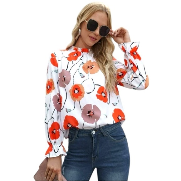 Women’s Floral Print Women's High Neck Top Long Sleeve Size PTP 22 x Length 24 - Picture 7 of 9